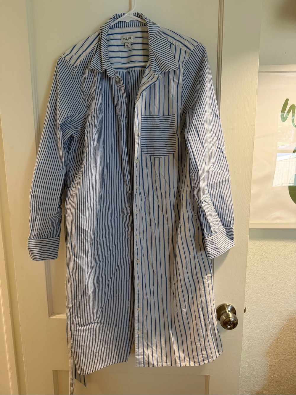 J. Crew White and Blue Striped Shirt Dress Coat